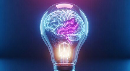 Glowing brain inside a light bulb symbolizing idea