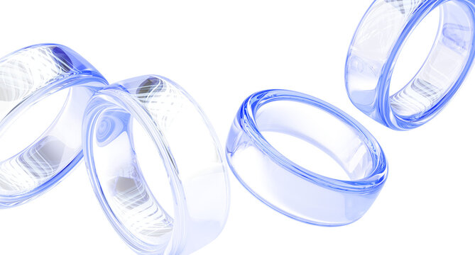 Abstract 3d background with glass liquid transparent circle rings flying in air. Water geometric shapes with blue light refraction gradient. Render crystal or plastic falling objects