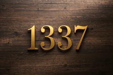 Arabic golden numbers 1337 displayed on a gradient wood texture from dark brown to white.