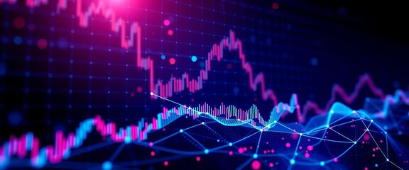 Abstract digital graph network visualizing stock market data on dark background,  screen,  data