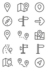 Fototapeta premium Map and navigation icons in minimalistic line art style: map pin, folded map, GPS signal, location marker, compass, street sign, distance icon, turn