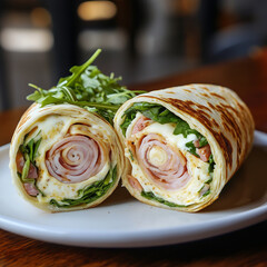 Delicious wraps with ham, cheese, and fresh spinach served on a plate for a tasty lunch