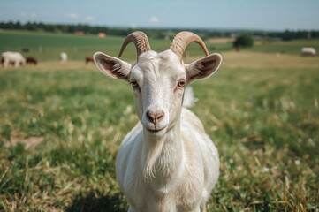 Goat grazing in rural farmland setting