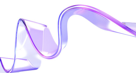 3d glass holographic liquid transparent ribbon wave line render. Abstract fluid gradient tape. Fluid flow curve shape with flare and motion effect in purple pink light hologram colors
