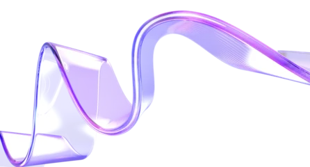 Gordijnen Abstracte Golf 3d glass holographic liquid transparent ribbon wave line render. Abstract fluid gradient tape. Fluid flow curve shape with flare and motion effect in purple pink light hologram colors  © marozhkastudio