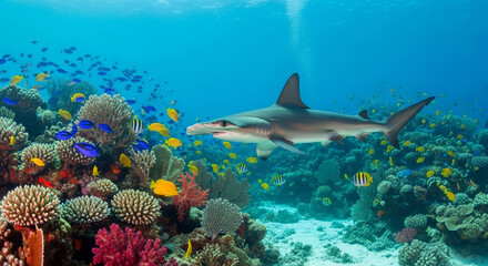 Fototapeta premium Ocean scene featuring a shark and vibrant coral reef teeming with colorful fish.