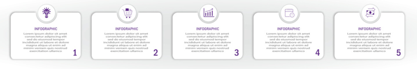 Business progress or process visualization with 5 steps white diagrams with icon on circle | Infographic modern marketing chart | Elegant violet abstract innovation for presentation, report