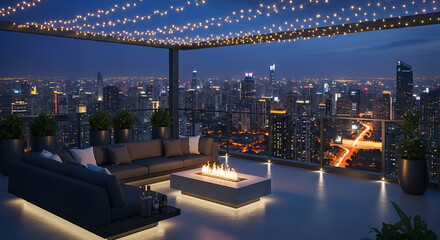 Modern Rooftop Terrace with Fire Pit and City Lights at Night.