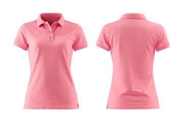 Front and back views of a light pink polo shirt.  Short sleeves, collared, with a button placket.  Women's fit