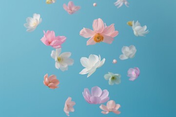 Charming pastel blossoms drifting against a vivid blue backdrop. Artistic spring floral theme for Mother's, Valentine's, Women's Day, or wedding celebrations.