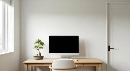 Modern Silver Computer with Black Screen on Wooden Desk.