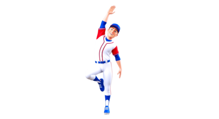 playful baseball cartoon stretching, balanced pose, pregame warmup, isolated on transparent background
