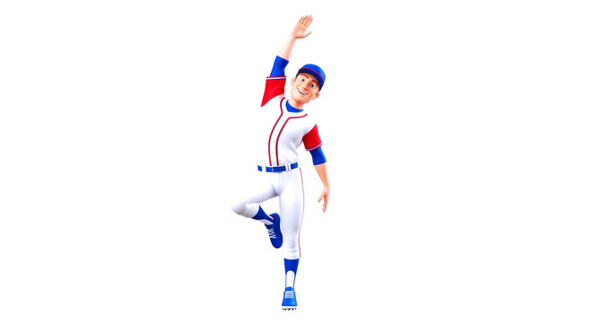 playful baseball cartoon stretching, balanced pose, pregame warmup, isolated on transparent background