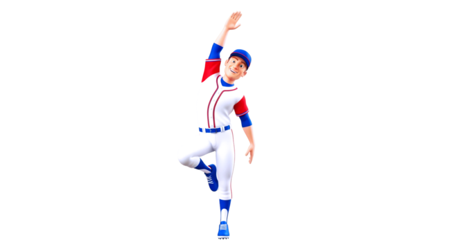 playful baseball cartoon stretching, balanced pose, pregame warmup, isolated on transparent background