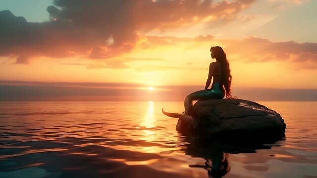 A vivid portrayal of a mermaid at sunset. The mermaid is depicted in a side profile, with her long, flowing hair cascading down her back. Her tail is a shimmering blue.