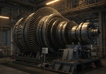 巨大タービン、工場、金属光沢、精密機械、工業写真