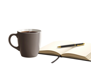 Coffee Mug with Open Notebook and Pen on Desk, Productivity Workspace Theme, isolated on transparent background PNG