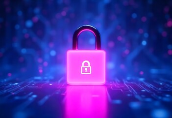 Cybersecurity illustration featuring padlock hologram on digital circuit board. Concept of data protection, encryption, network defense, privacy safeguard, firewall, cloud security, identity.