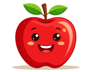  Flat Vector Apple Icon with Smiley Face, Minimalist Modern Fruit Sticker, isolated on transparent background PNG