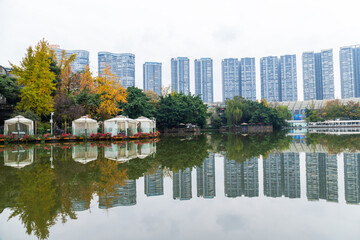 Fototapeta premium The scenery of the Swan Lake architectural complex in Century City, Chengdu, Sichuan Province