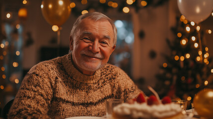 Elderly man smiling at birthday table with cake and lights