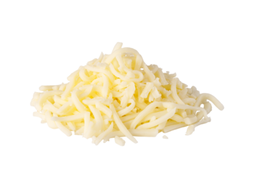 Pile of grated mozzarella cheese on transparent background