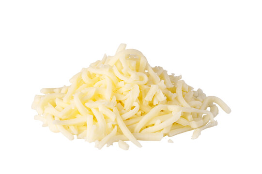Pile of grated mozzarella cheese on transparent background
