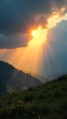 Fototapeta premium Golden hour sunlight streams through gaps in clouds, illuminating a landscape with a warm, ethereal glow Perfect for nature, travel, and environmental themes , natural light, calm
