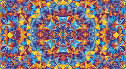 Abstract geometric pattern with triangles in blue, yellow, and orange.