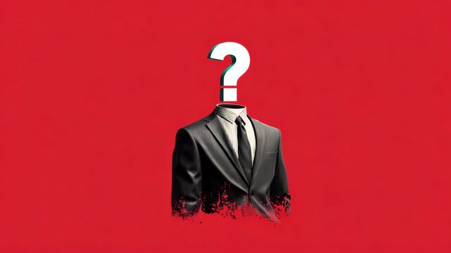 Headless man in suit with large question mark, digital art style, red background. Concept of identity, anonymity, decision, or uncertainty