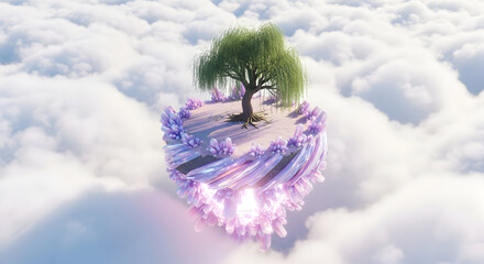 Magical Floating Island with Willow Tree and Glowing Purple Crystals in the Clouds