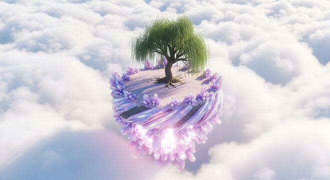 Magical Floating Island with Willow Tree and Glowing Purple Crystals in the Clouds