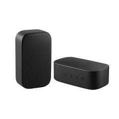Obraz premium Modern black portable Bluetooth speakers delivering crisp sound for immersive audio experiences anywhere you go, perfect for music lovers and tech enthusiasts seeking quality sound.