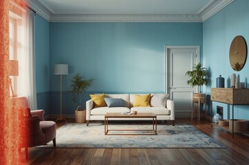 Diverse living space design featuring classic blue shades, 3D visualization