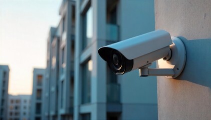 High-definition CCTV camera mounted on a building exterior, providing comprehensive security surveillance , motion detection, city