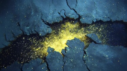 Abstract cracked surface with glowing golden particles and cosmic light, digital art style, dark textured background, concept of energy burst - Powered by Adobe