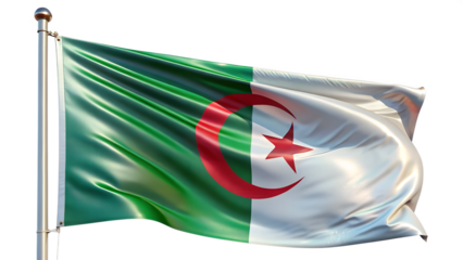 Algerian flag waving on a flagpole, isolated on transparent background