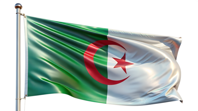 Algerian flag waving on a flagpole, isolated on transparent background