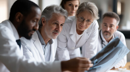 Fototapeta premium Group of middle aged and senior multiethnic doctors discussing medical records and examining X ray image around table in hospital meeting room top view showing collaborative