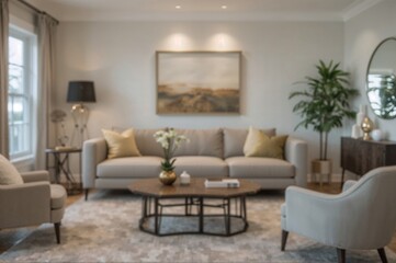 Soft-focus backdrop of a modern lounge area with a plush gray couch, stylish decorative pieces, and a welcoming ambiance ideal for family time.