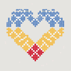 Obraz premium Pixel Art Heart in Blue Yellow and Red on Gray Background