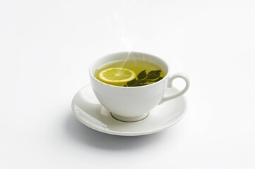 Steaming lemon-infused tea in a cup against a plain white backdrop