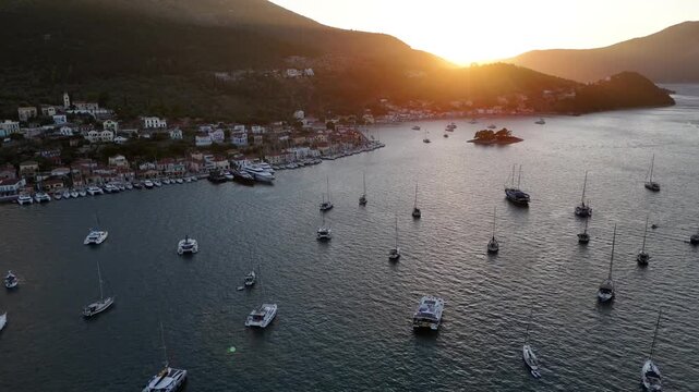 Sunset Flyover of Vathy Bay, Ithaca, Greece Sailboats & Seaside Village