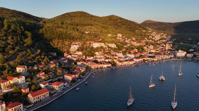 Sunset Flyover of Vathy Bay, Ithaca, Greece Sailboats & Seaside Village