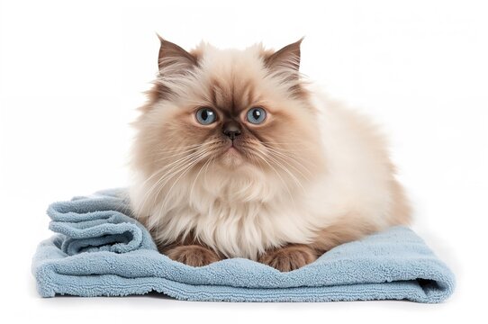 Adorable freshly bathed young Persian seal point cat resting on a blue towel against a white backdrop