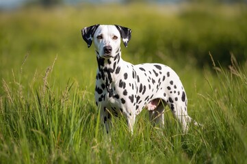 Spotted dog posing on a grassy field