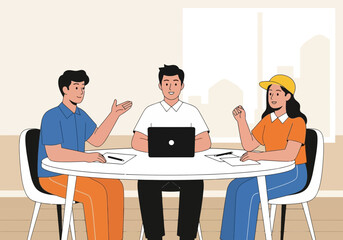 Vector art of three people in a business meeting around a table with a laptop, discussing project and strategy