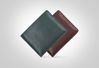 Genuine leather fashionable black wallet for men's isolated on a white background. A professional and stylish look. top view of black leather wallet. banknotes and put card inside the wallet