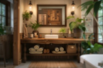 Rustic bathroom with wooden vanity, greenery, and soft lighting for a warm, welcoming feel