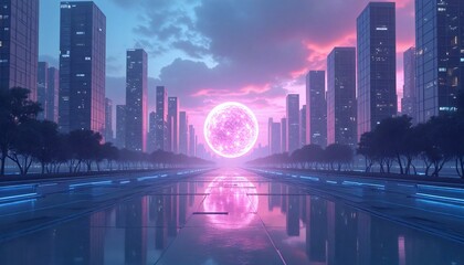 digital illustration of futuristic cityscape with tall skyscrapers on either side road